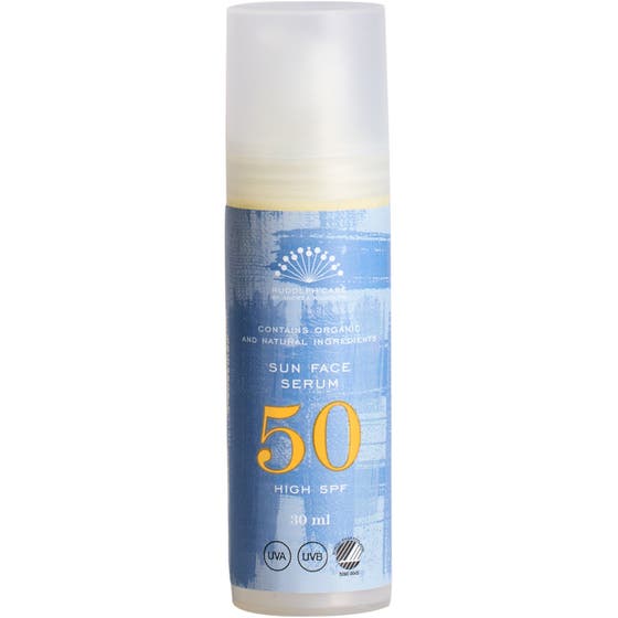 Rudolph Care Sun Face Serum 30 ml korkea aurinkosuoja SPF 50 sinisessä pumppupullossa huurteisella korkilla