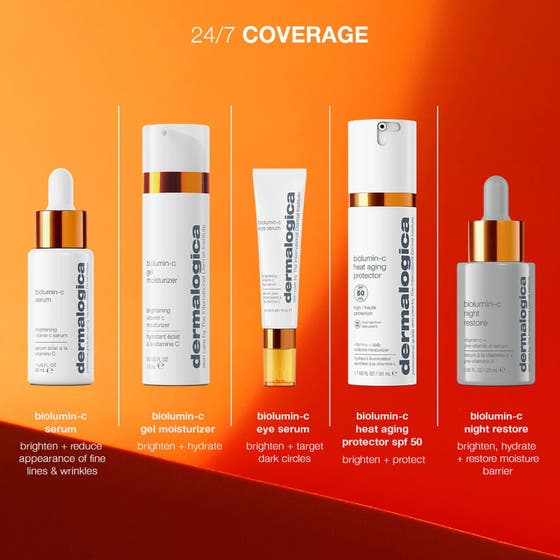 Dermalogica Biolumin-C SPF50 Duo 2 x 50 ml glødgivende hudpleie vist i en serie med oransje Biolumin-C produkter
