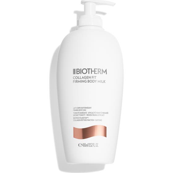 Biotherm Collagen Fit Firming Body Milk 400 ml oppstrammende kroppslotion i hvit pumpeflaske med metallisk bronsebølge