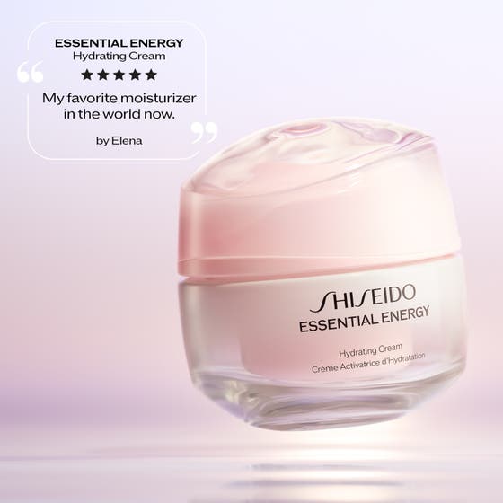 Shiseido Essential Energy Hydrating Cream 50 ml ansiktskräm för djup återfuktning i rosa burk omgiven av citrus och rot.