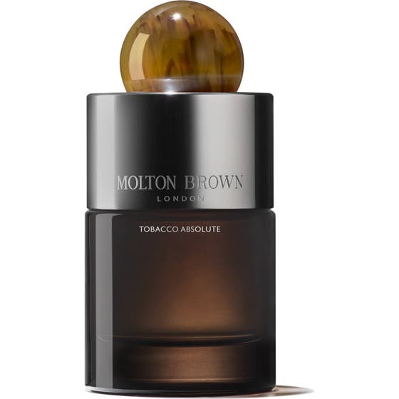 Molton Brown Tobacco Absolute Eau de Parfum 100 ml ruskeassa lasipullossa pyöreällä meripihkanvärisellä korkilla