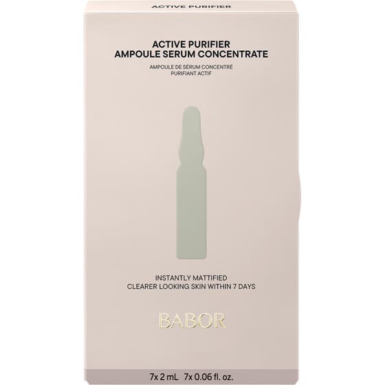 Babor Ampoule Active Purifier 14 ml puhdistava seerumi beigessä pakkauksessa vihreällä ampulli-ikonilla