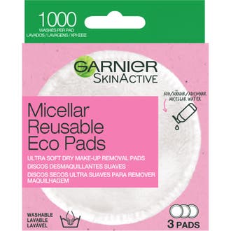 Garnier SkinActive Micellar Reusable Eco Pads 3-pack vita mjuka återanvändbara sminkborttagningspads i rosa förpackning