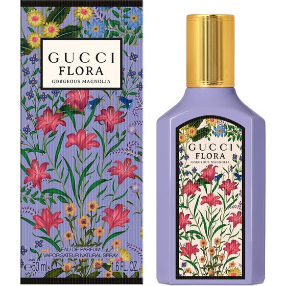 Gucci Flora Gorgeous Magnolia 50ml damparfym i lila glasflaska med guldkork och ask med blommönster