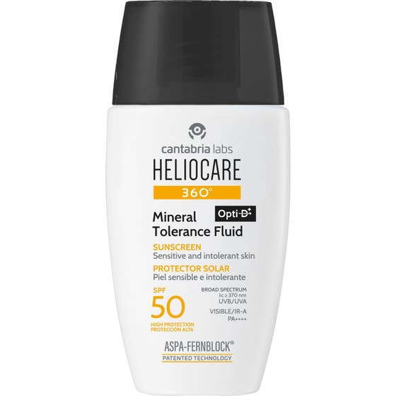 Heliocare 360° Mineral Tolerance Fluid SPF 50 beskyttende solcreme i hvid plastflaske med sort låg