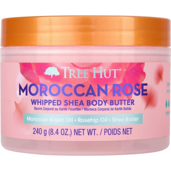 Tree Hut Whipped Shea Body Butter Moroccan Rose 240 g fugtgivende bodycreme i lyserød plastkrukke med bronzefarvet låg