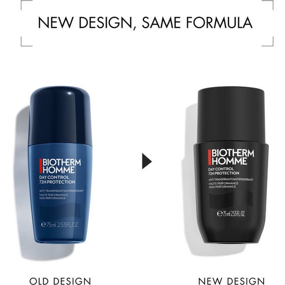 Biotherm Homme Day Control 72H 75ml anti-perspirant roll-on som viser gammel blå og ny sort design