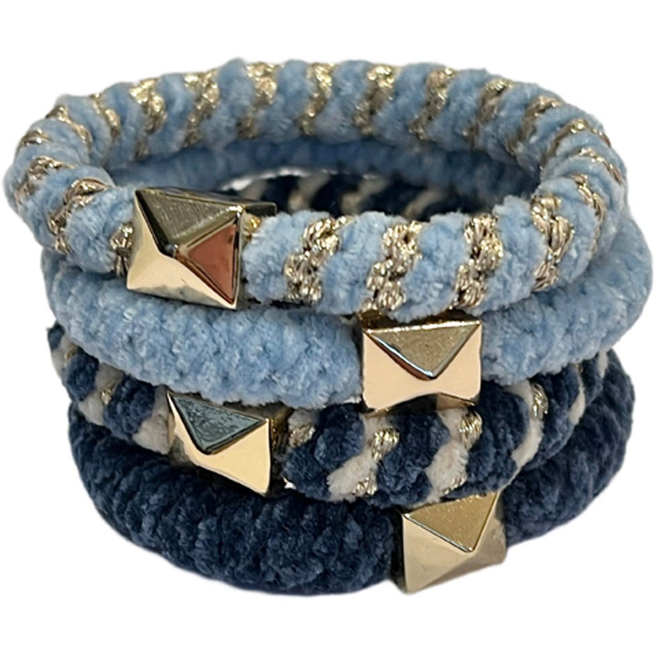 Dark Fluffy Fat Hair Tie 4 Pk W/Gold Blue Mix