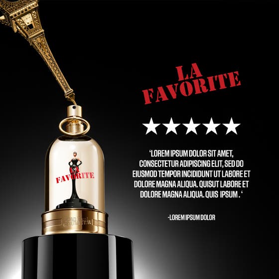 Jean Paul Gaultier La Favorite Eau de Parfum 30 ml dameparfyme med gullfarget flaske og Eiffeltårn på mørk bakgrunn