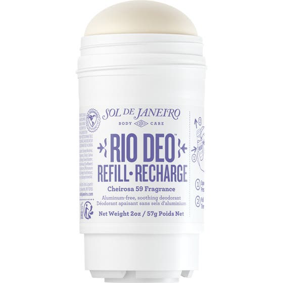 Sol de Janeiro Rio Deo Refill 57g aluminiumfri deodorant som beroliger huden i hvit stift med lilla detaljer