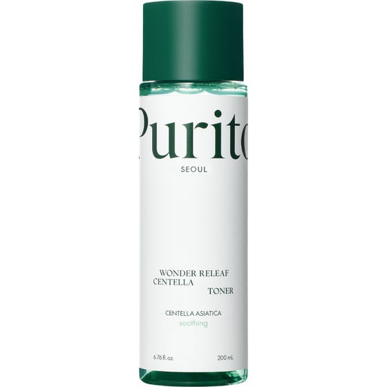 Purito Wonder Releaf Centella Toner 200 ml lugnande centella extrakt hudvård i klar flaska med grönt lock