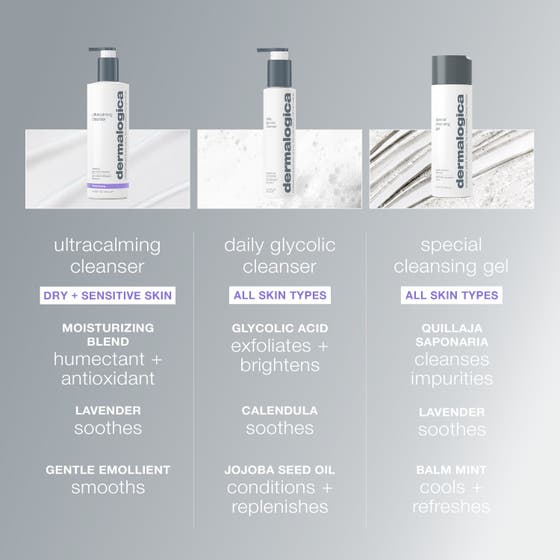 Dermalogica UltraCalming Cleanser 250 ml beroligende rengjøringsgel med en hvit, kremet og glansfull tekstur.