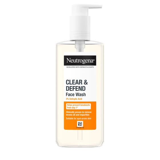 Neutrogena Clear & Defend 2% Salicylic Acid Face Wash 200ml dyprensende ansiktsvask i oransje gjennomsiktig pumpeflaske.