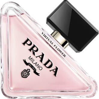 Prada Paradoxe Virtual Flower Eau de Parfum 90 ml blommig damparfym i trekantig glasflaska med ljusrosa vätska och svart kork
