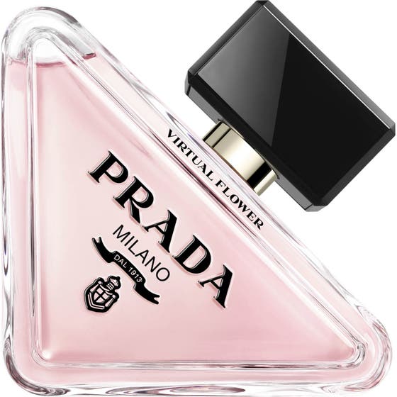 Prada Paradoxe Virtual Flower Eau de Parfum 90 ml blommig damparfym i trekantig glasflaska med ljusrosa vätska och svart kork