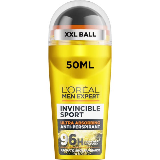 L'Oréal Men Expert Invincible Sport 50ml antiperspirant gir 96 timer tørrhet i gul flaske med sort kule og klar kork.