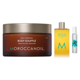 Moroccanoil Body Soufflé Brumes du Maroc och Shower Gel 250 ml återfuktande kroppsvård i brun burk och frostad flaska