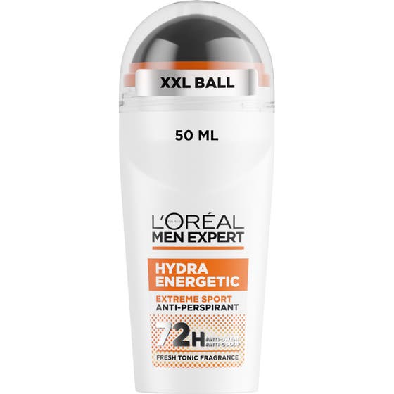 L'Oréal Men Expert Hydra Energetic Extreme Sport 50ml roll-on deodarant i hvit beholder med stor svart kule.