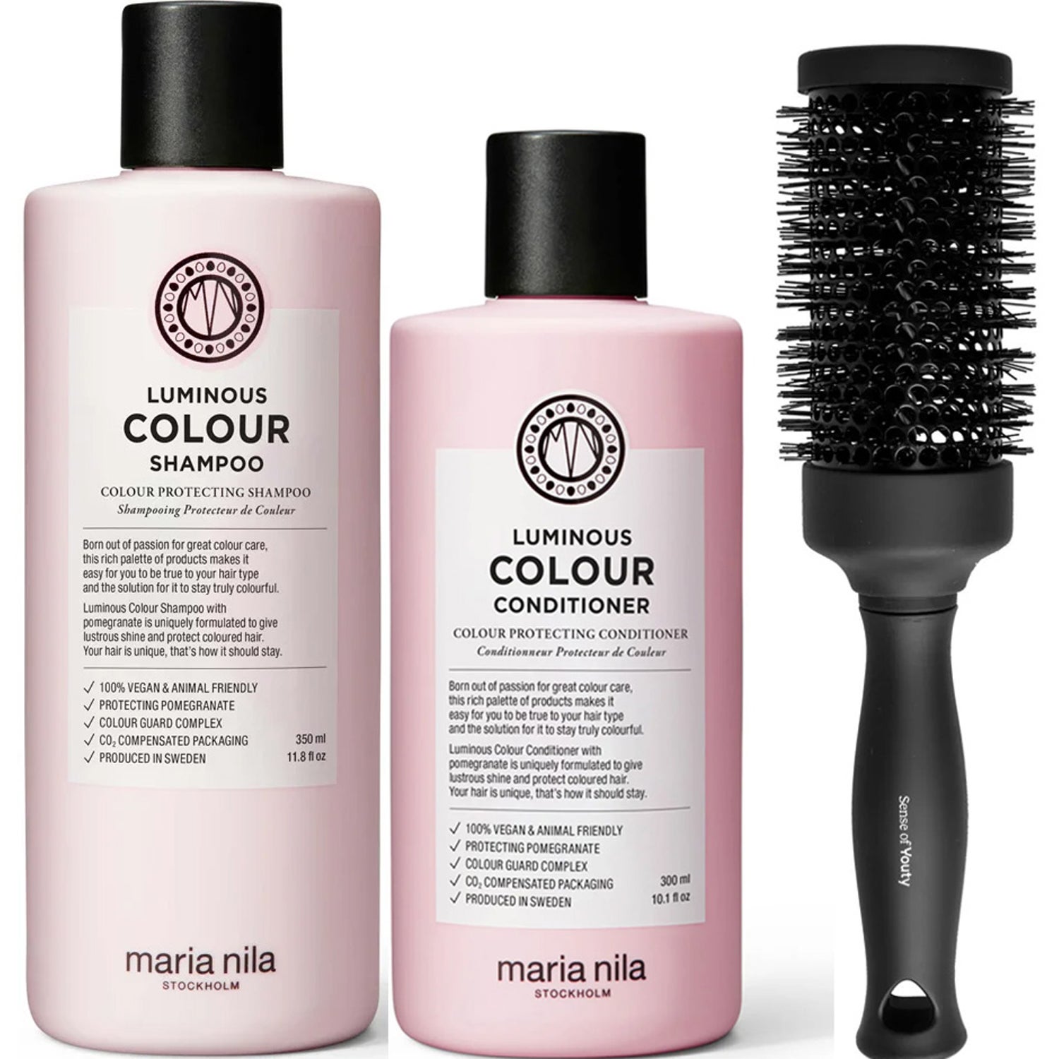 Maria Nila Luminous Color Set Shampoo 350ml, Conditioner 300ml & Blowout Brush - 650 ml