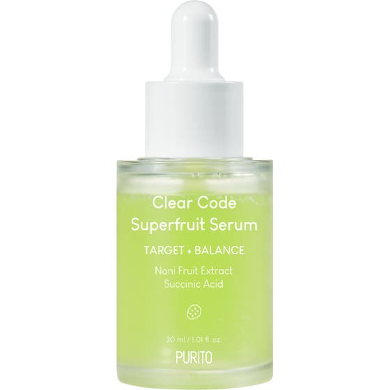 Purito Clear Code Superfruit Serum 30 ml balancerende ansigtsserum med limegrøn væske i glasflaske med hvid pipette