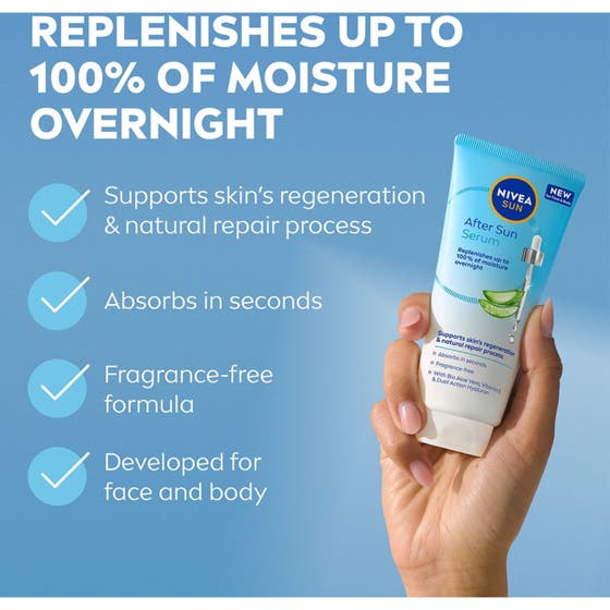 NIVEA After Sun Serum 100 ml kosteuttava after sun tuubi kädessä edistää ihon palautumista.