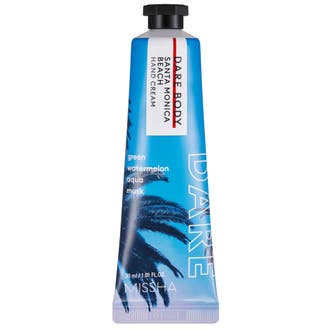 Missha Dare Body Santa Monica Beach 30 ml velduftende håndcreme i blå tube med palmer og sort ottekantet låg.