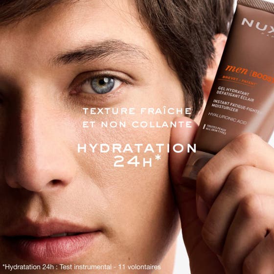 Nuxe Men Moist Gel 50 ml fuktighetsgivende ansiktskrem med en silkemyk hvit og kremet tekstur som gir fuktighet