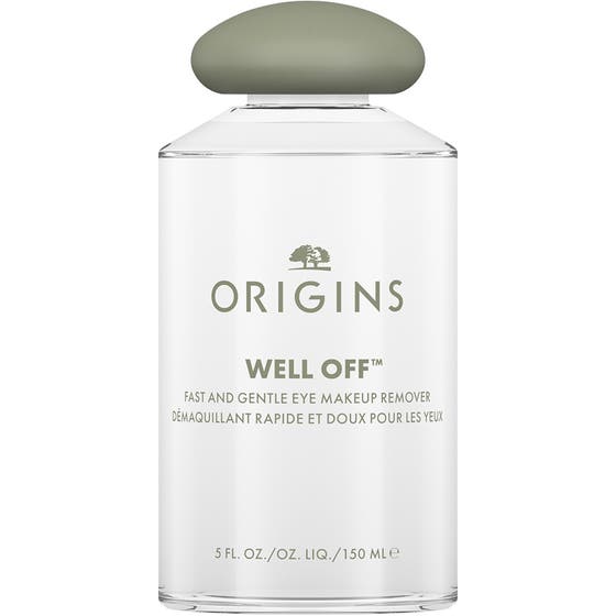 Origins Well Off 150 ml gentle ögonsminkborttagning i en turkosblå genomskinlig flaska med vitt rundat lock