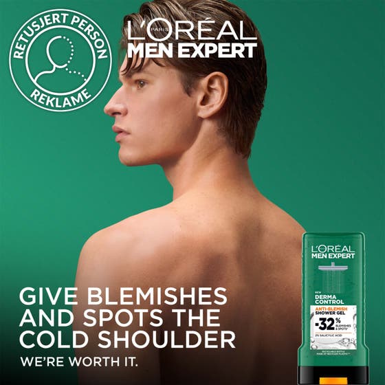 L'Oréal Paris Men Expert Derma Control Shower Gel 300 ml duschtvål mot blemmor visar en man med bar rygg mot grön bakgrund.