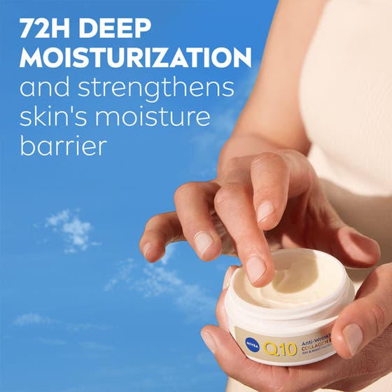 NIVEA Q10 Collagen Expert 50 ml ansiktskräm ger 72h återfuktning och visas som en krämig formula i vit burk.