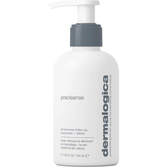 Dermalogica Precleanse 295 ml syväpuhdistava öljy poistaa meikkiä valkoisessa pullossa, jossa on harmaa pumppu.