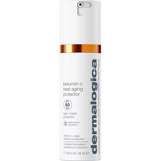 Dermalogica Biolumin-C Heat Aging Protector 50 ml SPF 50 fuktighetskrem med vitamin C i hvit pumpeflaske med oransje detalj
