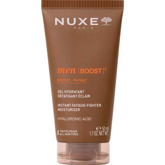 Nuxe Men Boost Gel Hydratant 50 ml fuktighetsgivende ansiktsgel med hyaluronsyre som gir huden energi i en brun tube