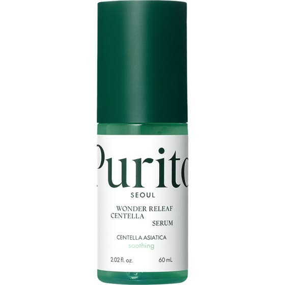Purito Wonder Releaf Centella Serum 60 ml beroligende ansiktsserum i grønn flaske med hvit etikett og mørkegrønn kork