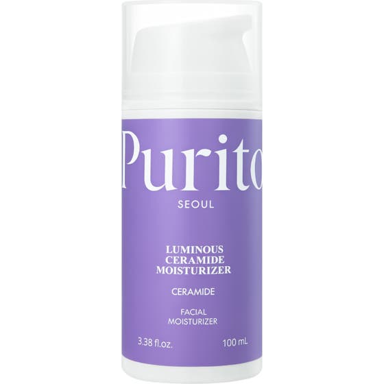 Purito Dermide Relief Barrier Moisturizer 100 ml beroligende ansiktskrem med ceramider i hvit pumpeflaske med blå etikett