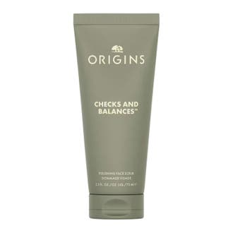 Origins Checks and Balances Polishing Face Scrub 75 ml eksfolierende ansigtsscrub med turmalin i hvid tube med grønt låg