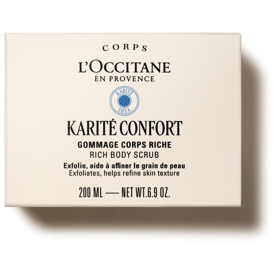 L'Occitane en Provence Shea Butter Rich Body Scrub 200 ml exfolierande kroppsskrubb i krämvit ytterförpackning