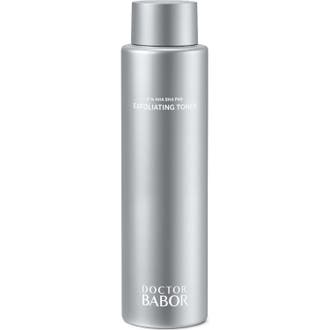 Doctor Babor Refine Cellular 9% AHA BHA Pad Exfoliating Toner i en slank sølvfarvet flaske med låg