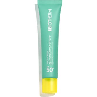 Biotherm Aquascreen Activewear Daily UV Fluid SPF 50+ solkrem gir høy beskyttelse i turkis tube med gult lokk.