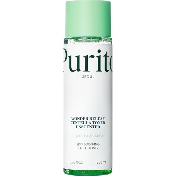 Purito Wonder Releaf Centella Toner Unscented 200 ml beroligende toner i klar plastflaske med lysegrønn kork