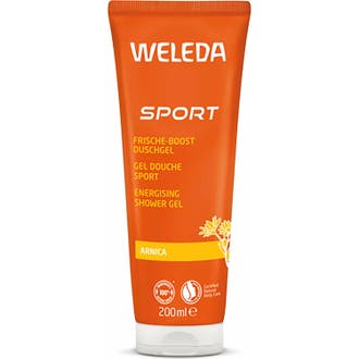 Weleda Arnica Sports Shower Gel 200 ml nærende kropsvask i en klar orange tube med illustration af blomster.