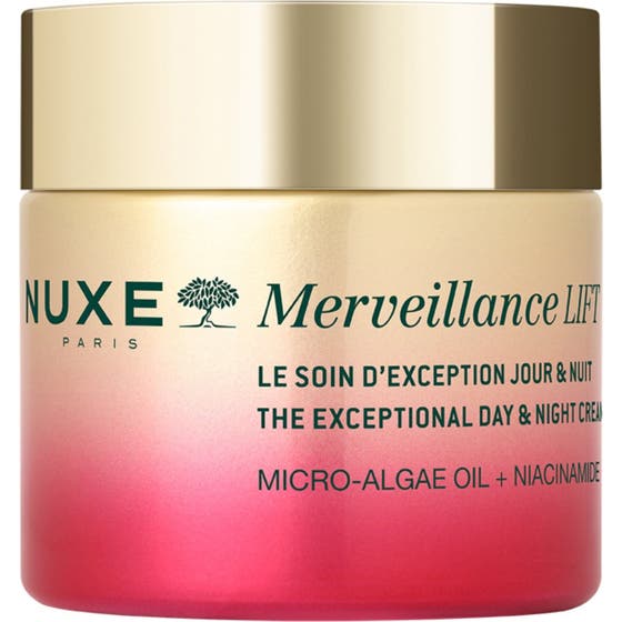 Nuxe Merveillance Lift oppstrammende ansiktskrem med niacinamid i en krukke med rosa gradient og metallisk gullokk