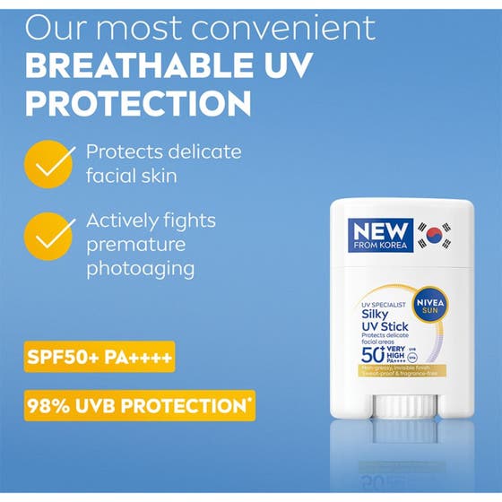 NIVEA UV Face Specialist Silky UV Stick 15 g solskydd i stiftform med SPF 50+ som motverkar fotoåldrande i ansiktet.