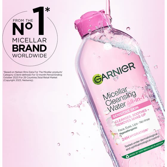 Garnier Micellar Cleansing Water 700 ml ansiktsrens med logoer for Cruelty Free og vegansk formel på grønn bakgrunn