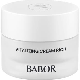 Babor Skinovage Vitalizing Cream Rich 50 ml elvyttävä kasvovoide huurteisessa lasipurkissa, jossa on valkoinen kansi.