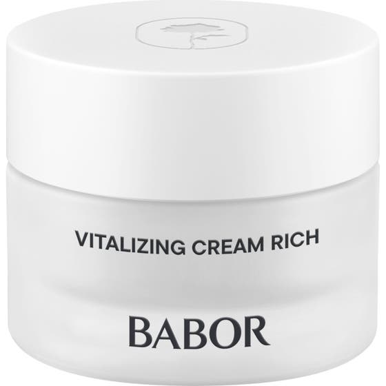 Babor Skinovage Vitalizing Cream Rich vitaliserende ansiktskrem i frostet glasskrukke med hvitt lokk som gir glød