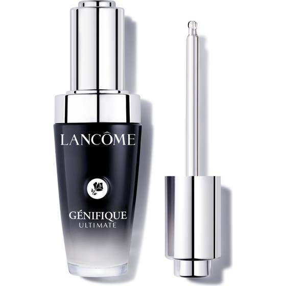 Lancôme Génifique Ultimate lyxigt återfuktande serum i tonad svart glasflaska med silverpipett som ger ungdomlig lyster