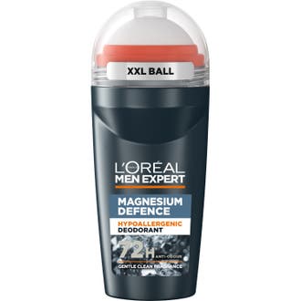 L'Oréal Men Expert Magnesium Defence 50ml roll-on beskytter sensitiv hud i mørkegrå flaske med stor hvit XXL kule.