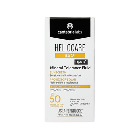 Heliocare Mineral Tolerance Fluid 50 ml solcreme med SPF 50 i hvid plastflaske med sort låg til sart hud