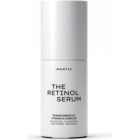 Mantle The Retinol Serum 30 ml uudistava retinoli seerumi vihreässä huurteisessa lasipullossa valkoisella pumpulla.